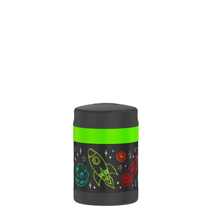 10 ounce Funtainer food jar, front view, colorful drawings of rocket ship, planets, meteors, stars on a black background.