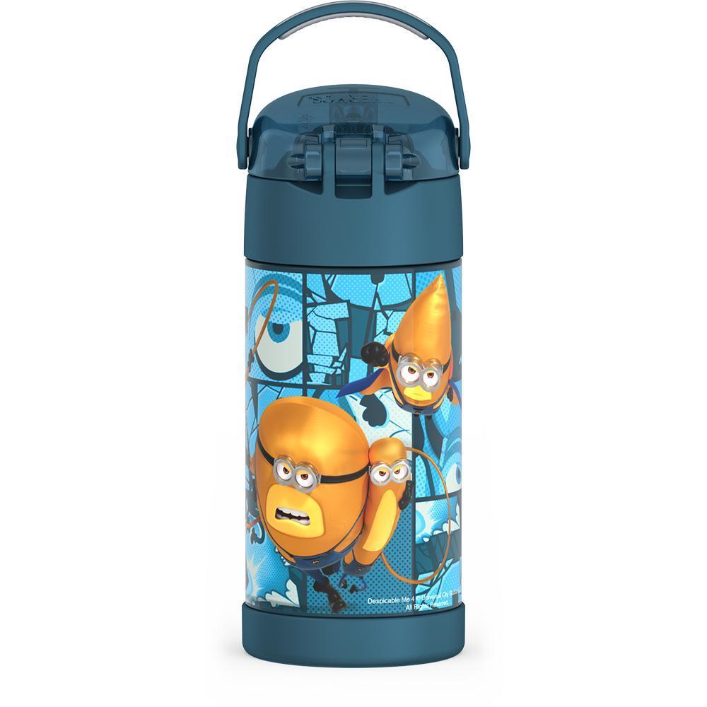 12 ounce Funtainer water bottle, back view, handle up, Despicable Me 4 Movie.