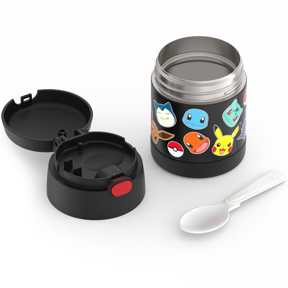 10 ounce Funtainer food jar, Pokémon disassembled with lid open to show spoon compartment and spoon is out and unfolded.