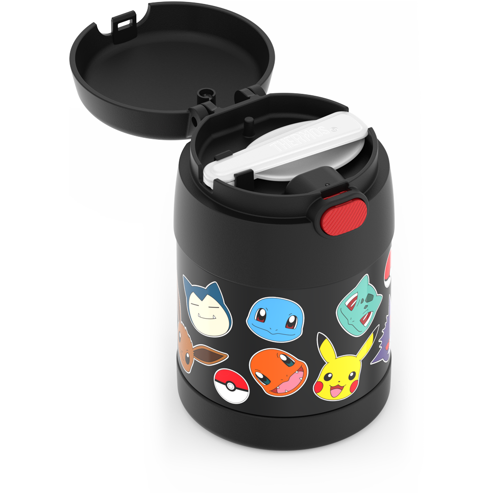10 ounce Funtainer food jar, lid open, spoon folded inside, Pokémon.