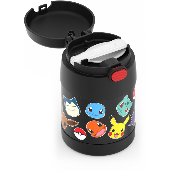 10 ounce Funtainer food jar, lid open, spoon folded inside, Pokémon.