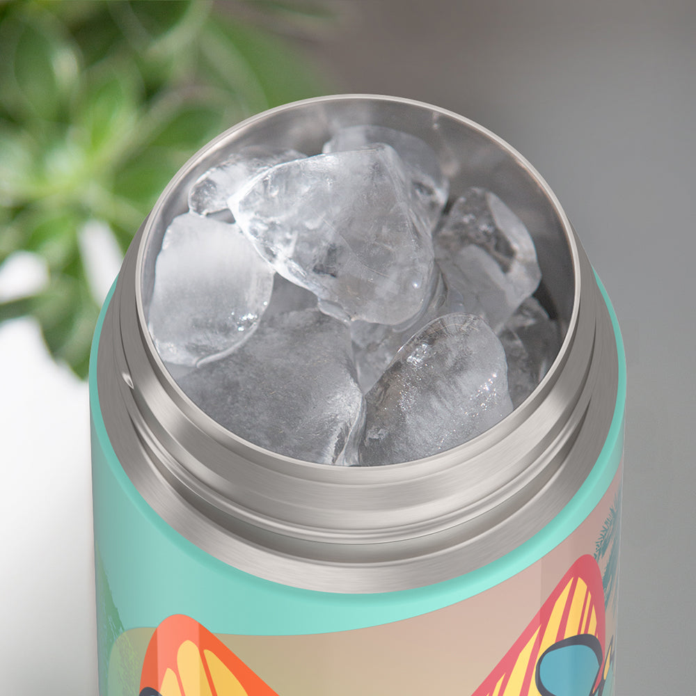 16-ounce Stitch, Blue Funtainer water bottle, opened and full of ice.