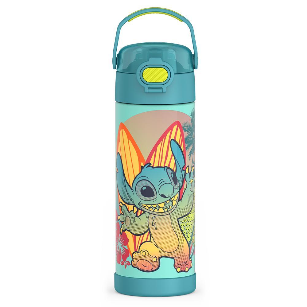 16-ounce Funtainer Stainless Steel Water Bottle with Spout and locking lid, front view, Stitch, Blue.