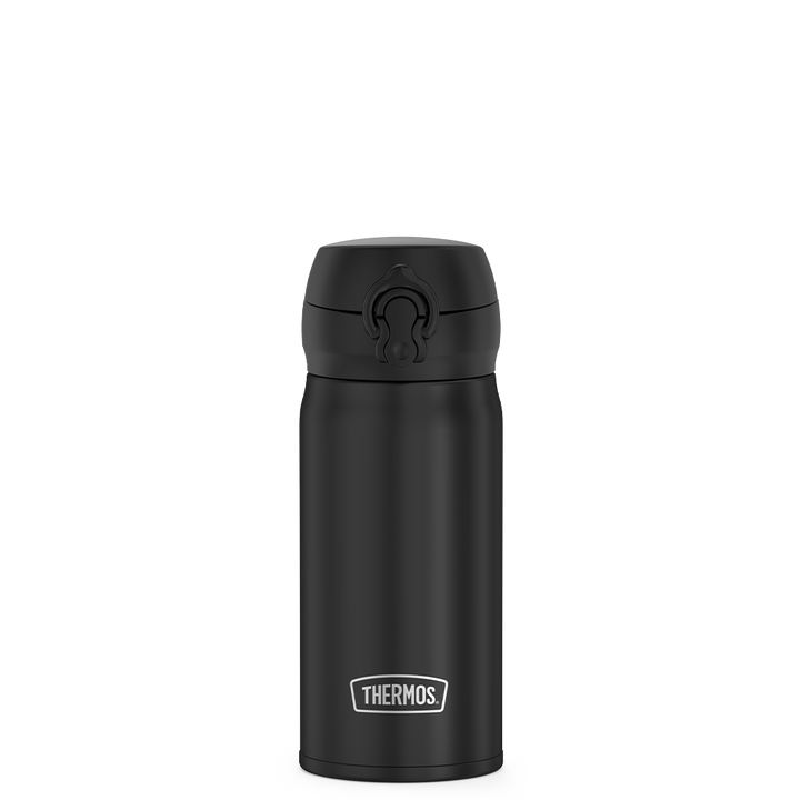 12oz Stainless Steel Direct Drink Bottle, Black, front view.