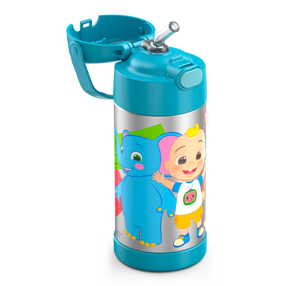 12 ounce Funtainer water bottle, CoComelon, straw inset.