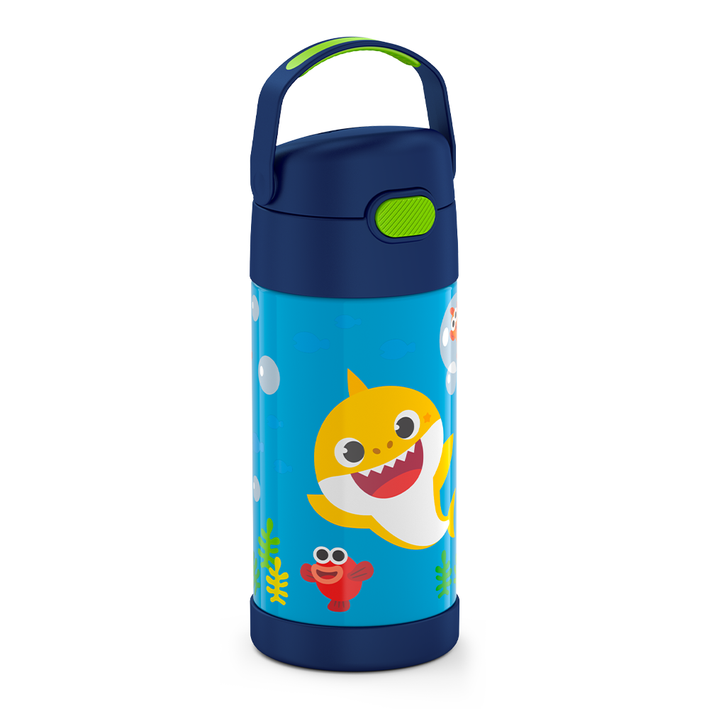 12 ounce Funtainer water bottle, side view, handle up, Baby Shark.