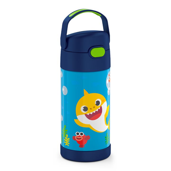12 ounce Funtainer water bottle, side view, handle up, Baby Shark.