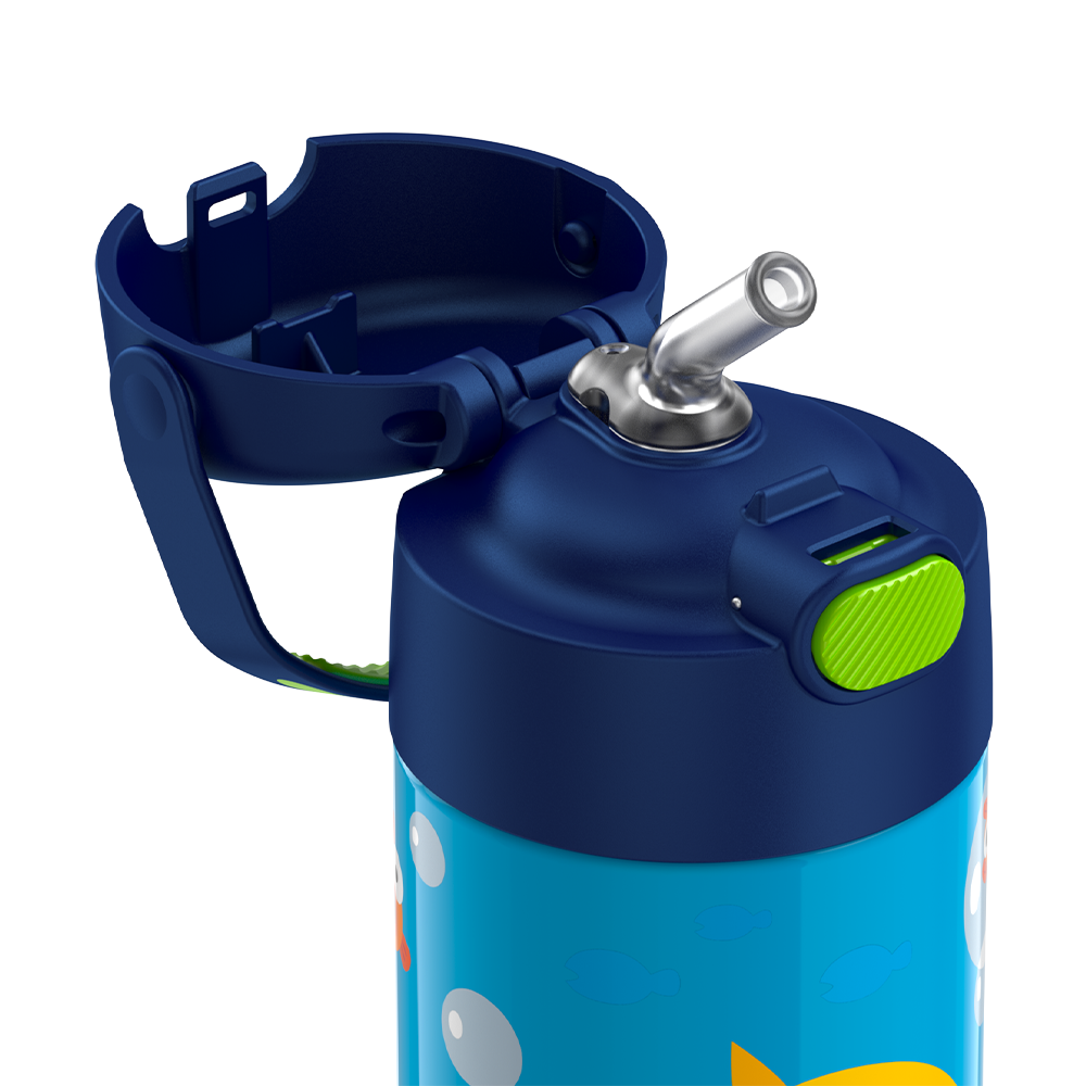12 ounce Funtainer water bottle, Baby Shark, straw inset.