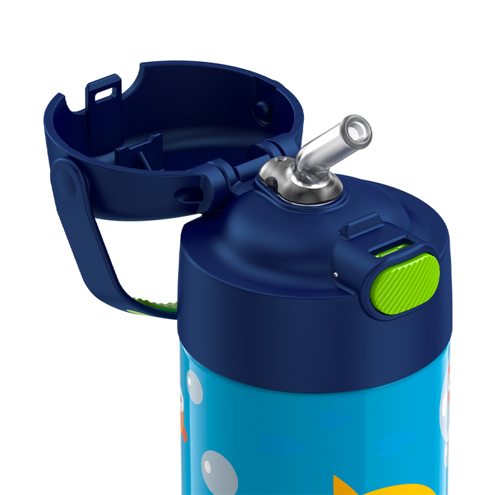 12 ounce Funtainer water bottle, Baby Shark, straw inset.