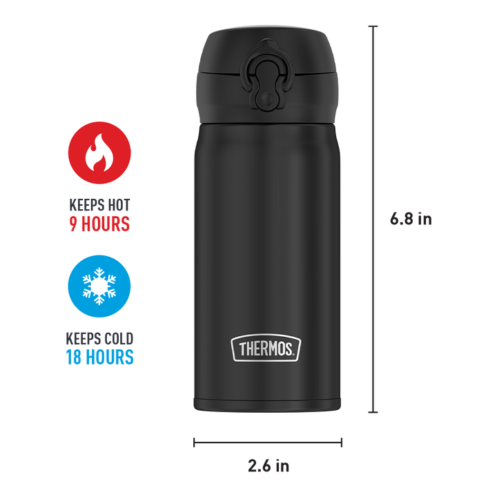 12oz Stainless Steel Direct Drink Bottle, Black, 9 hours hot, 18 hours cold.