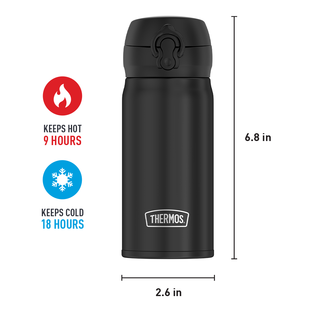 12oz Stainless Steel Direct Drink Bottle, Black, 9 hours hot, 18 hours cold.