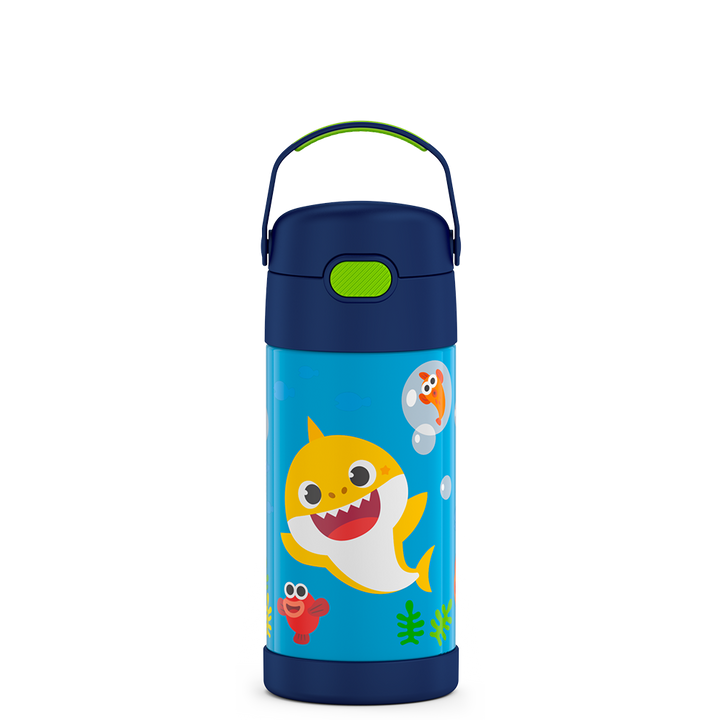 12 ounce Funtainer water bottle, Baby Shark, front view, handle up.