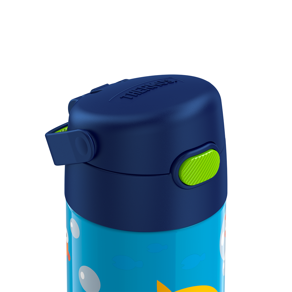 12 ounce Funtainer water bottle, Baby Shark, closed lid.