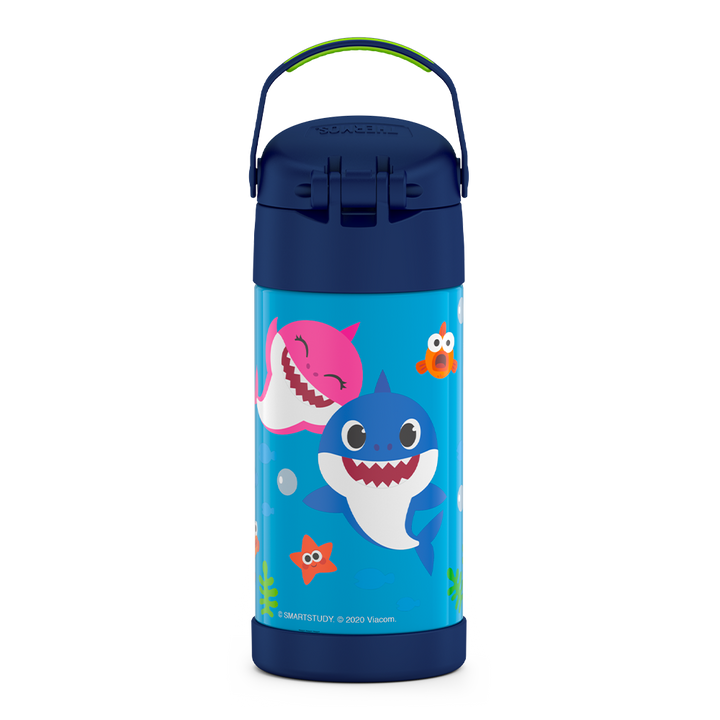 12 ounce Funtainer water bottle, back view, handle up, Baby Shark.