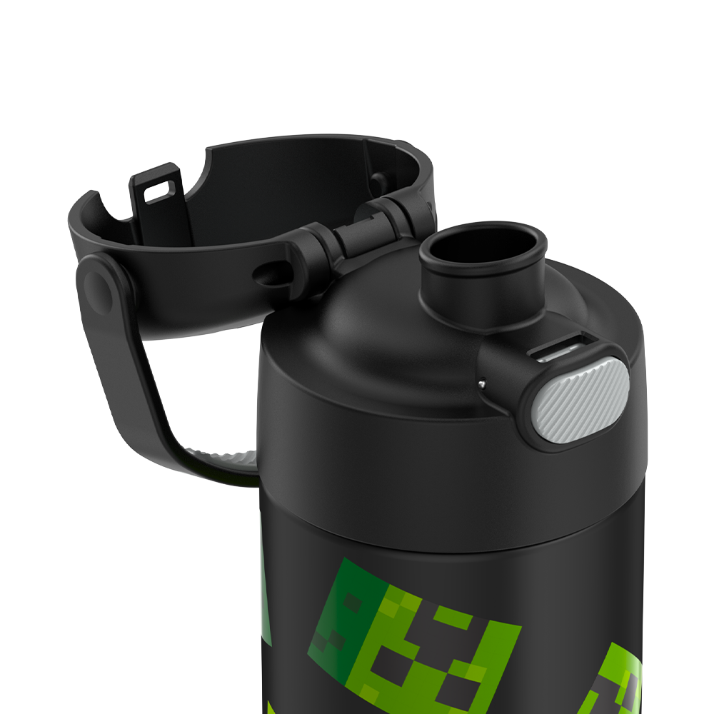 16-ounce Funtainer Stainless Steel Water Bottle with Spout, Minecraft, Black, side view, lid open showing spout.