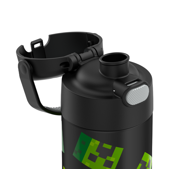 16-ounce Funtainer Stainless Steel Water Bottle with Spout, Minecraft, Black, side view, lid open showing spout.
