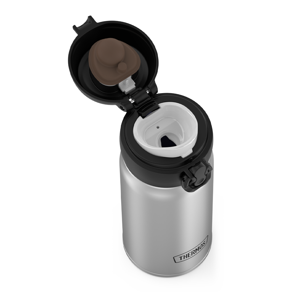 12oz Stainless Steel Direct Drink Bottle, Stainless Steel, top view with lid open.