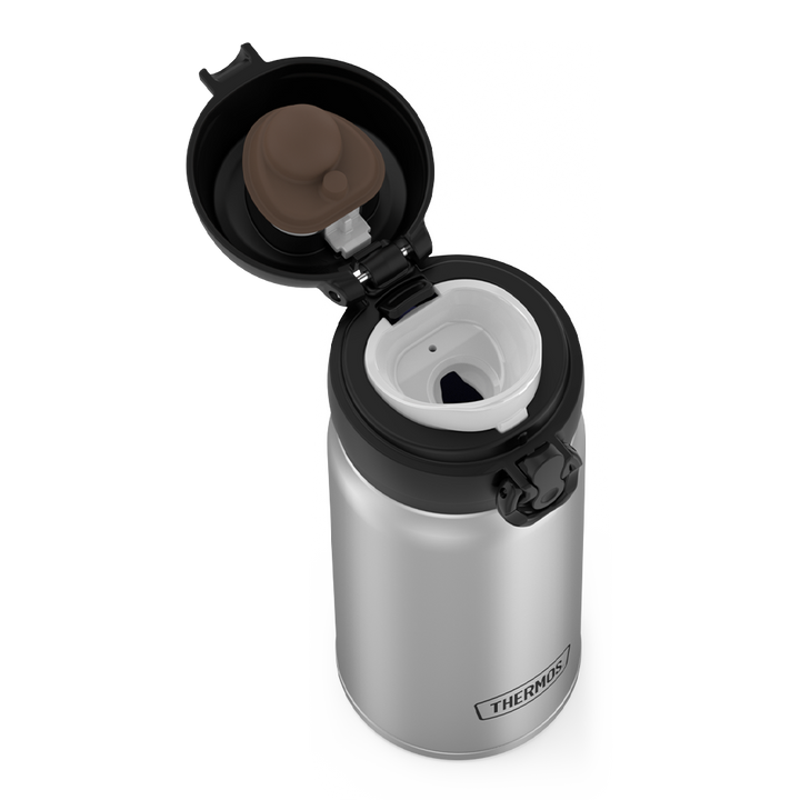 12oz Stainless Steel Direct Drink Bottle, Stainless Steel, top view with lid open.