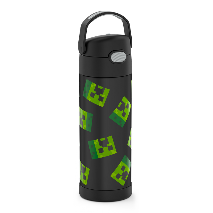 16-ounce Funtainer Stainless Steel Water Bottle with Spout, Minecraft, Black, side view, handle up.