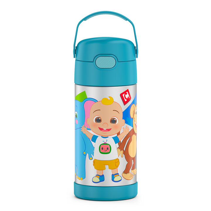 12 ounce Funtainer water bottle with handle up, CoComelon.