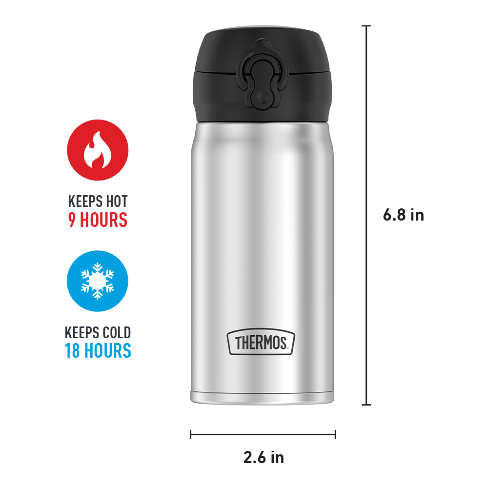 12oz Stainless Steel Direct Drink Bottle, Stainless Steel, 9 hours hot, 18 hours cold.