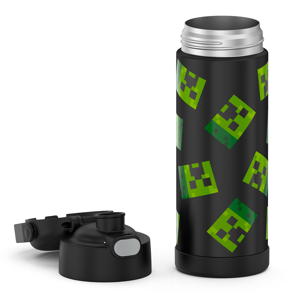 16-ounce Funtainer Stainless Steel Water Bottle with Spout, Minecraft, Black, unassembled - lid removed and open.