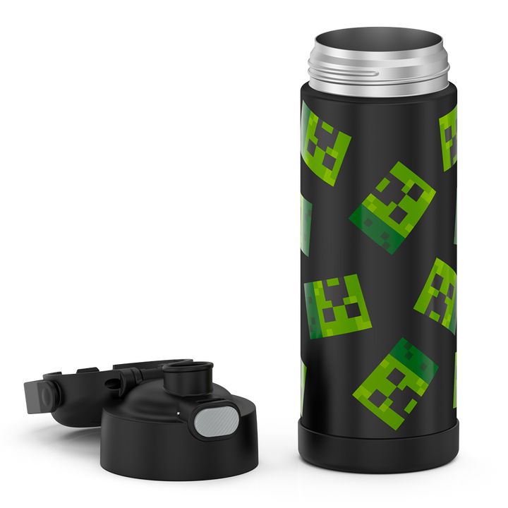 16-ounce Funtainer Stainless Steel Water Bottle with Spout, Minecraft, Black, unassembled - lid removed and open.