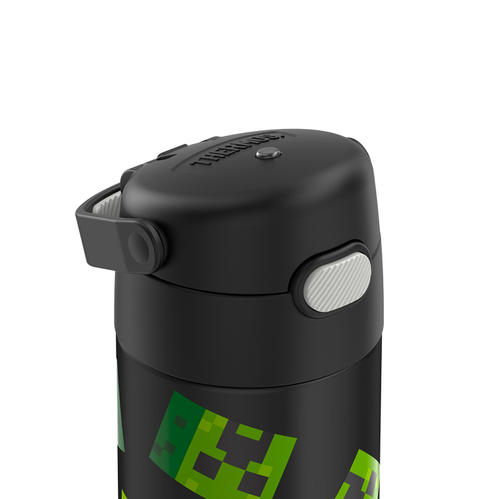 16-ounce Funtainer Stainless Steel Water Bottle with Spout, Minecraft, Black, side view, handle down.