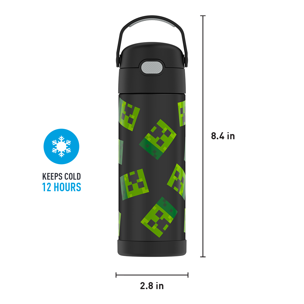 16-ounce Funtainer Stainless Steel Water Bottle with Spout, Minecraft, Black, front view with handle up. 8.4 inches tall, 2.8 inches wide at base. Keeps Cold 12 Hours.