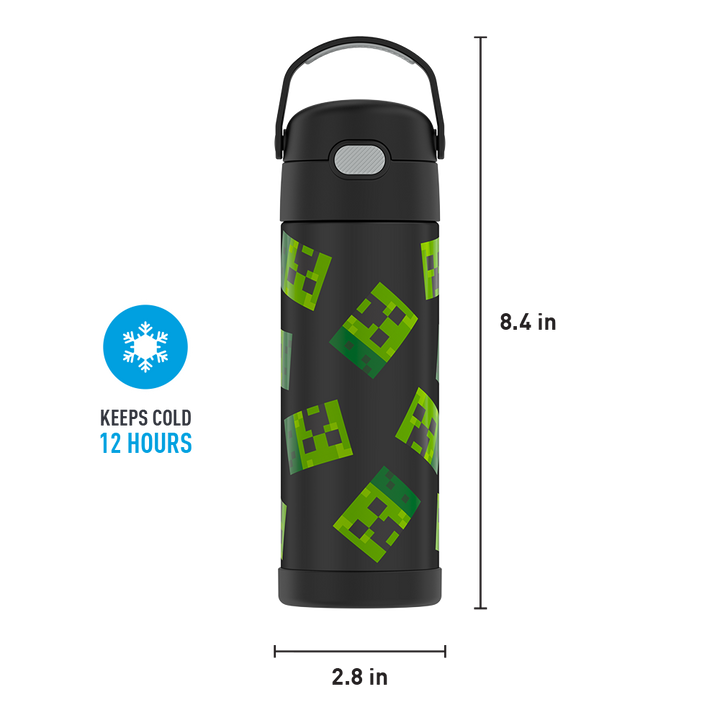 16-ounce Funtainer Stainless Steel Water Bottle with Spout, Minecraft, Black, front view with handle up. 8.4 inches tall, 2.8 inches wide at base. Keeps Cold 12 Hours.