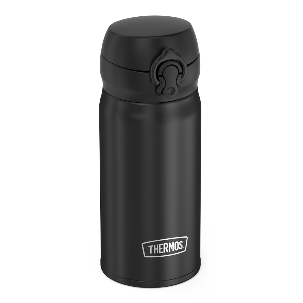 12oz Stainless Steel Direct Drink Bottle, Black, side view.
