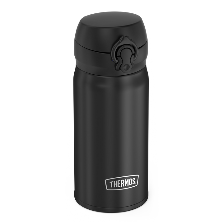 12oz Stainless Steel Direct Drink Bottle, Black, side view.