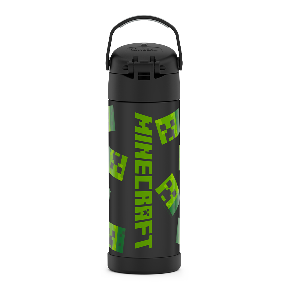 16-ounce Funtainer Stainless Steel Water Bottle with Spout, back view, handle up, Minecraft, Black.