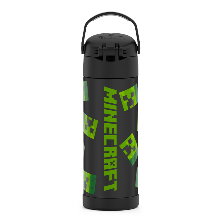 16-ounce Funtainer Stainless Steel Water Bottle with Spout, back view, handle up, Minecraft, Black.