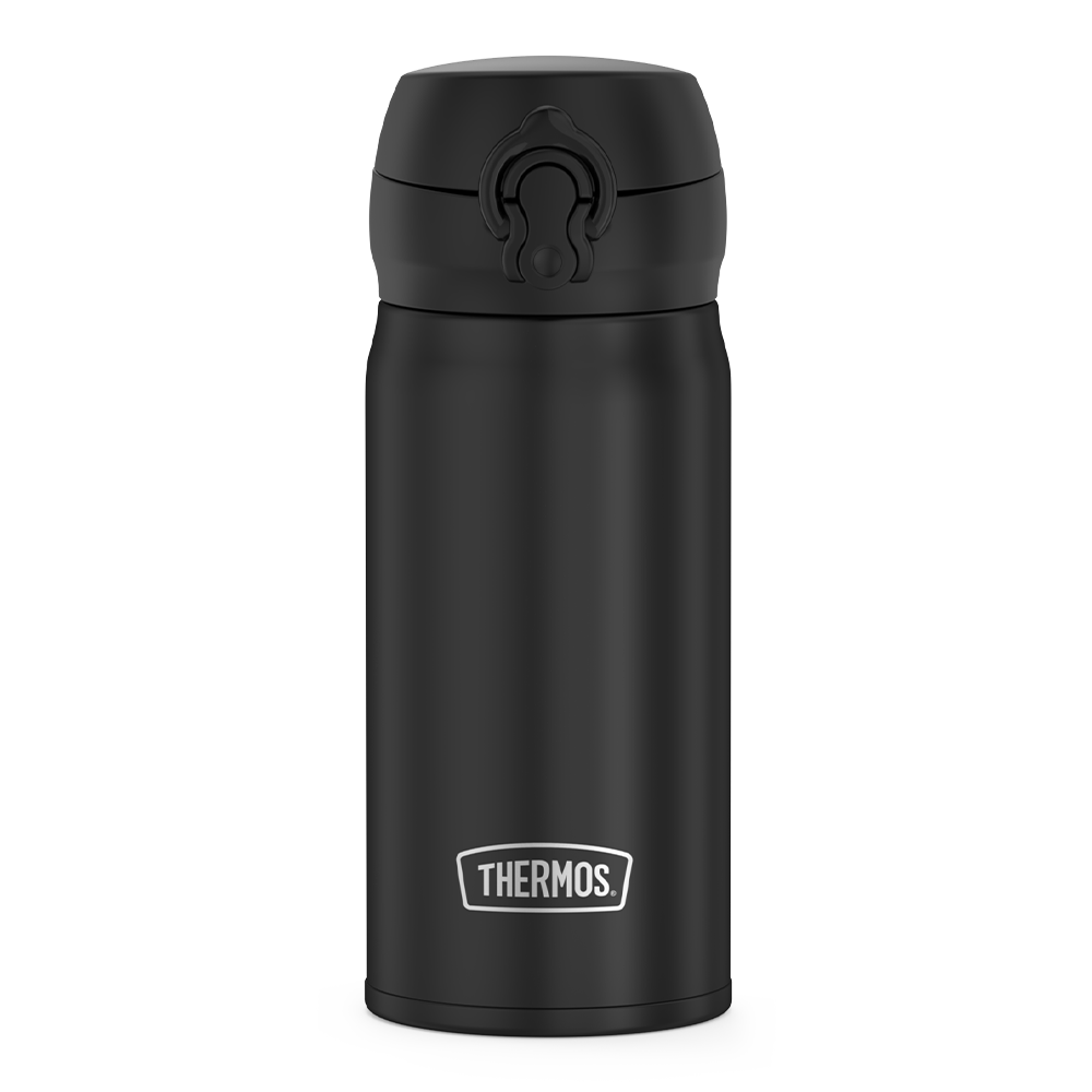 12oz Stainless Steel Direct Drink Bottle, Black, front view.
