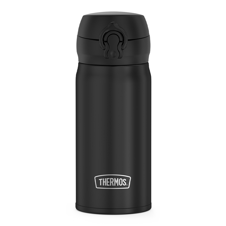 12oz Stainless Steel Direct Drink Bottle, Black, front view.
