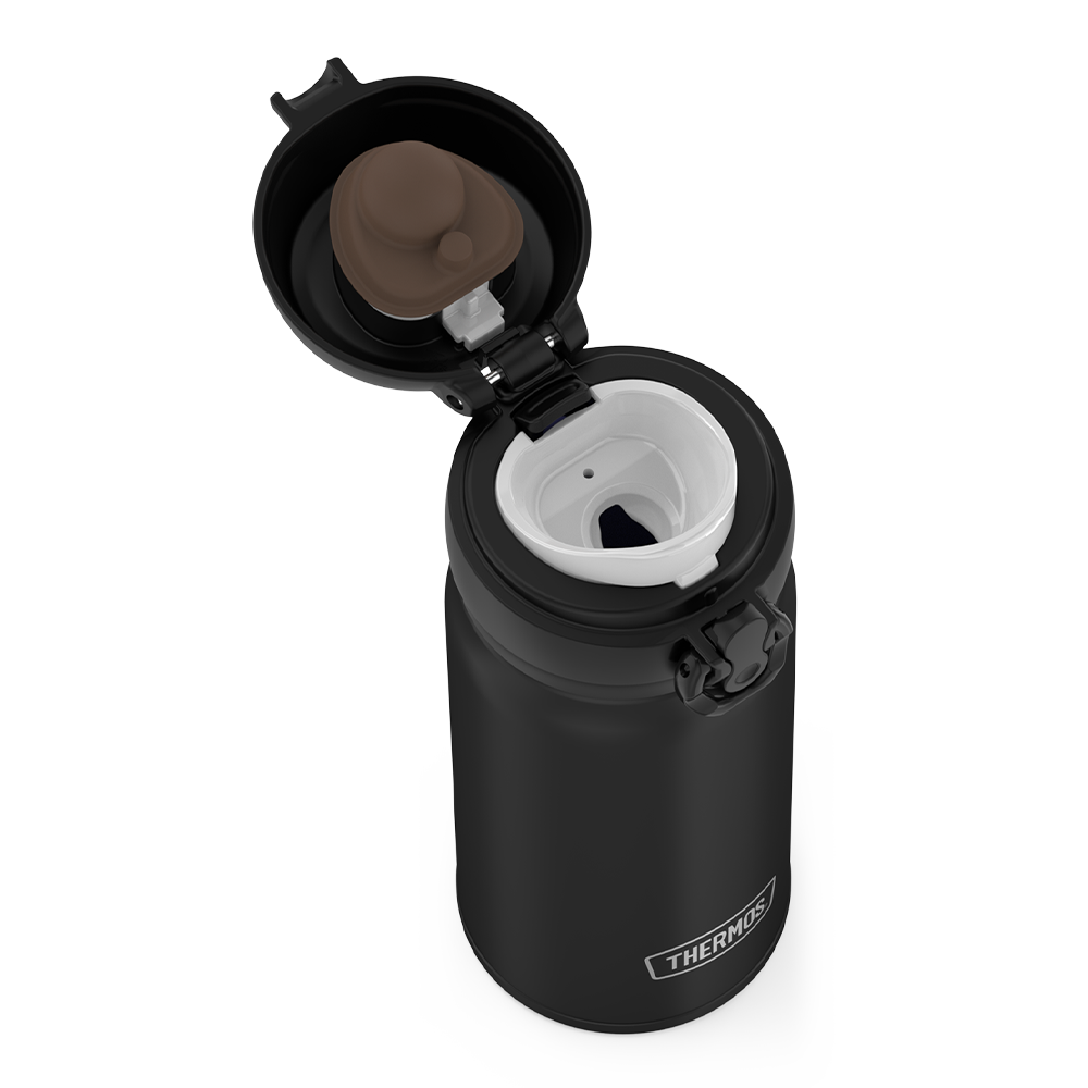 12oz Stainless Steel Direct Drink Bottle, Black, top view with lid open.