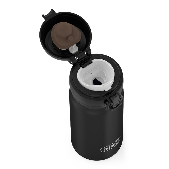 12oz Stainless Steel Direct Drink Bottle, Black, top view with lid open.