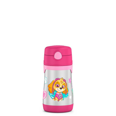 10 ounce Thermos Kids water bottle, Paw Patrol featuring Skye front view with pink straw compartment button.