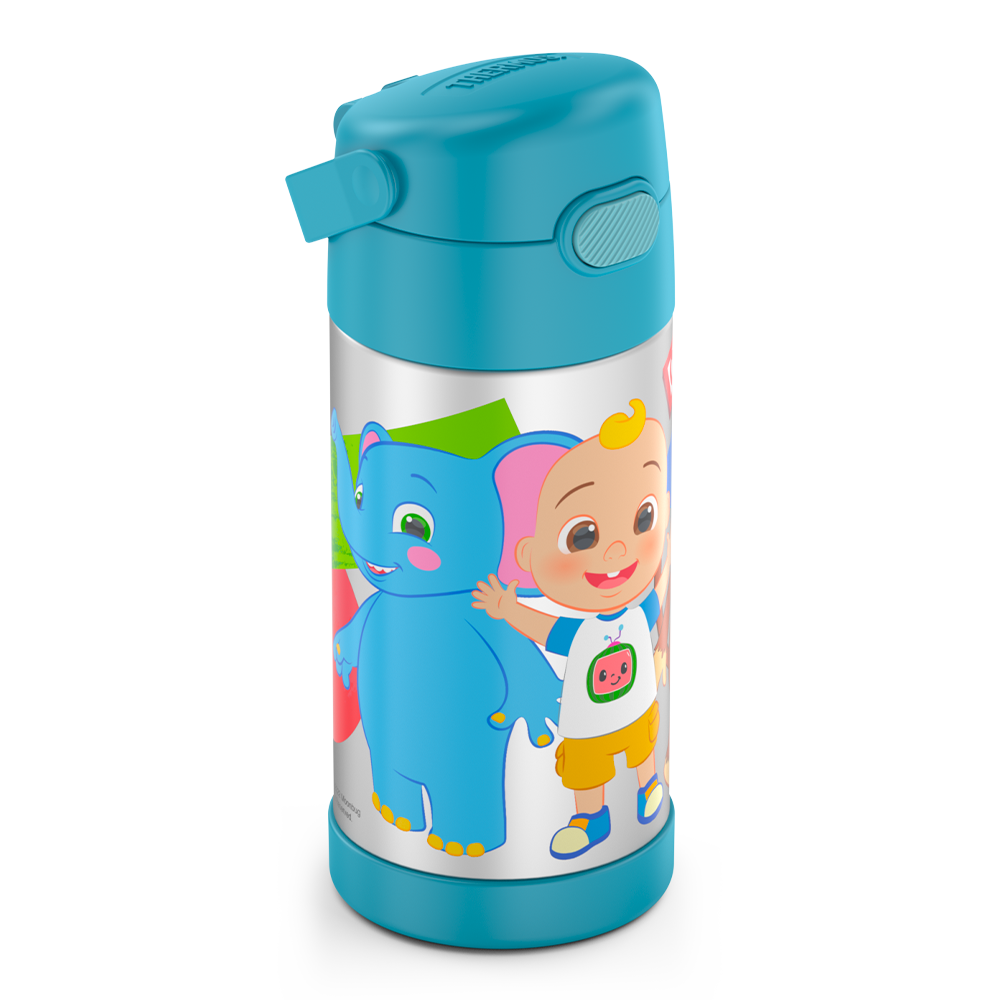 12 ounce Funtainer water bottle, CoComelon, side view, handle down.