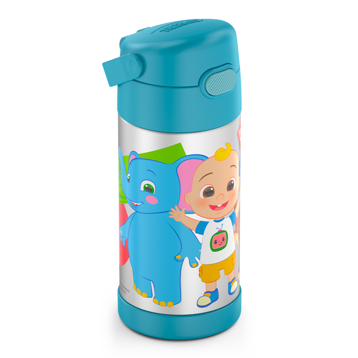 12 ounce Funtainer water bottle, CoComelon, side view, handle down.