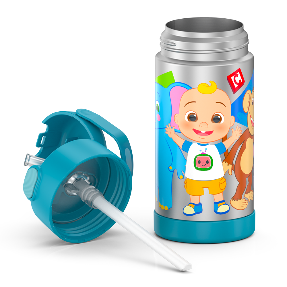 12 ounce Funtainer water bottle, CoComelon, unassembled.