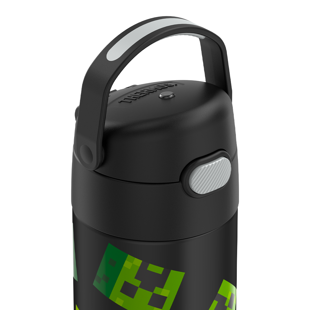 16-ounce Funtainer Stainless Steel Water Bottle with Spout, Minecraft, Black, side view, handle up.