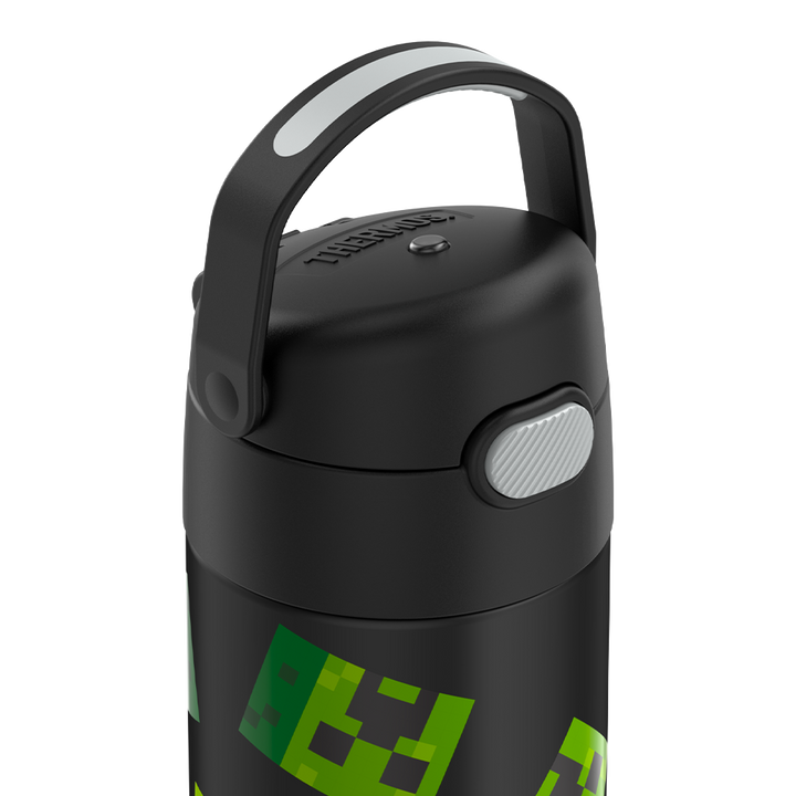 16-ounce Funtainer Stainless Steel Water Bottle with Spout, Minecraft, Black, side view, handle up.