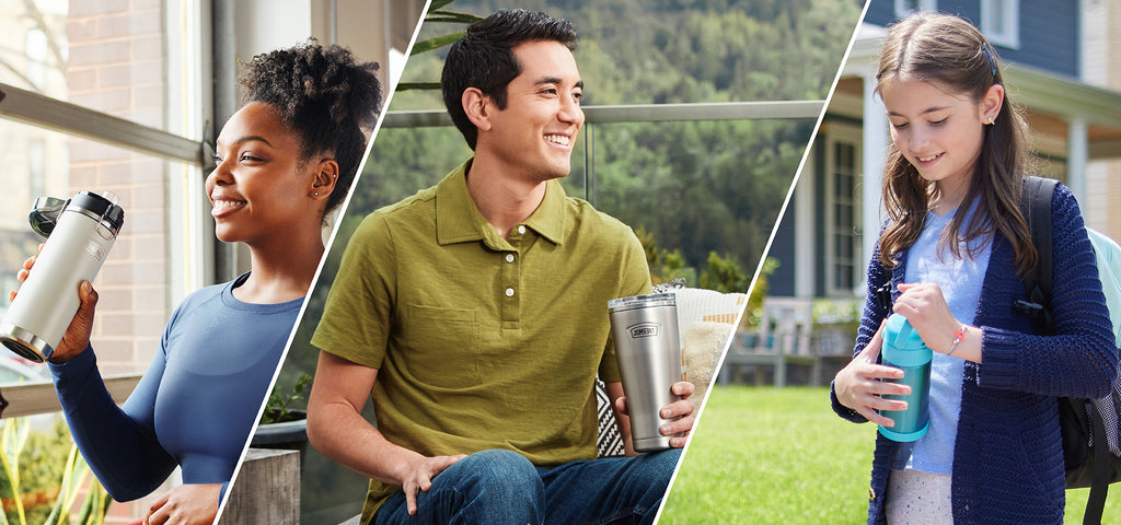 People holding Thermos brand drinkware.