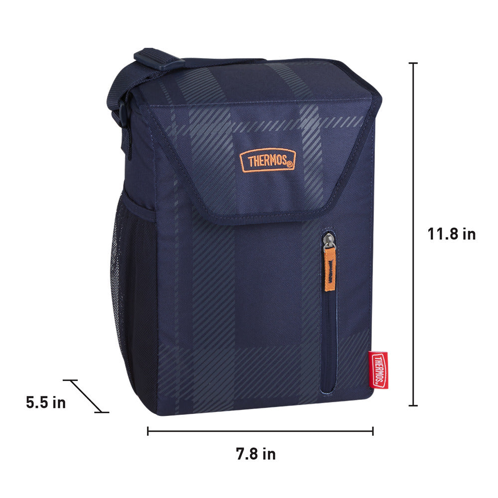 View 3. 12 Can Cooler in Navy Plaid, 11.8 inches tall, 7.8 inches wide at base, 5.5 inches deep from front to back. 