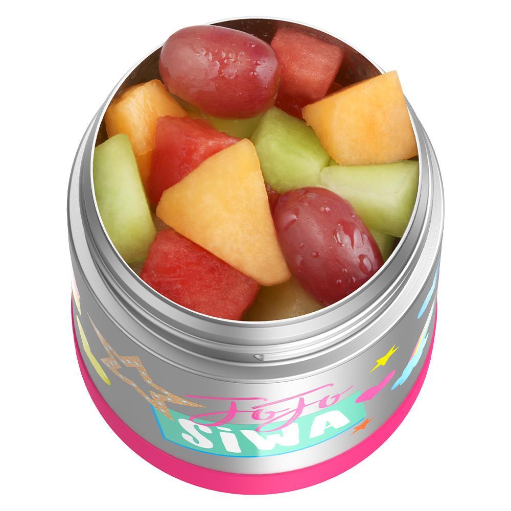 10 ounce Funtainer food jar, JoJo Siwa with assorted fruit inside.