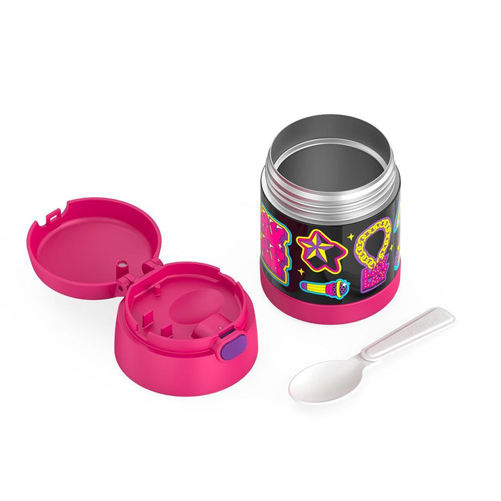 10 ounce Funtainer food jar, unassembled and spoon unfolded, That Girl Lay Lay.