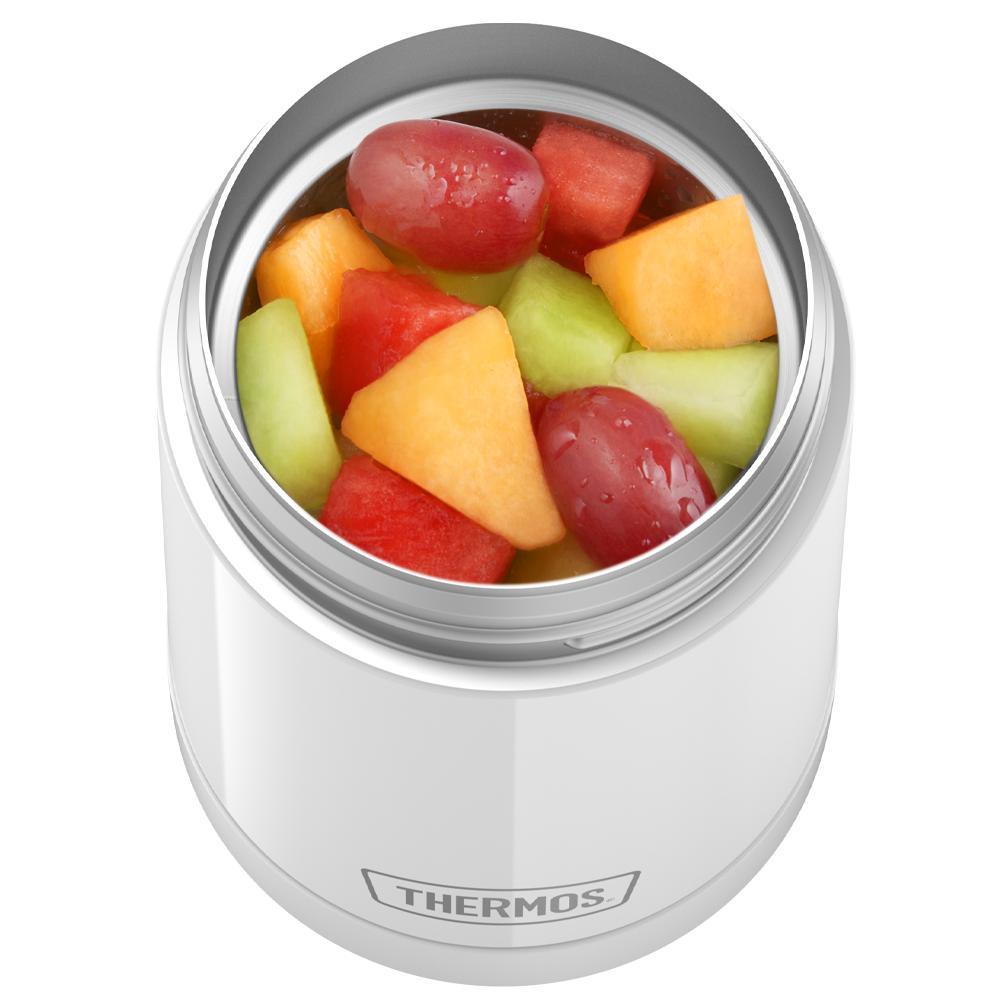 16 ounce Funtainer Kids Food Jar, White with assorted fruit inside.