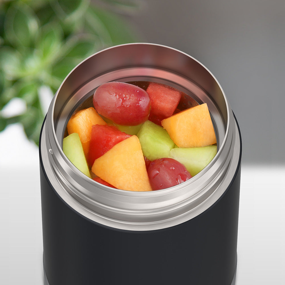 16 ounce Funtainer Kids Food Jar, Charcoal with assorted fruit inside.